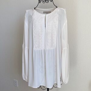 LOFT White Embroidered Split-Neck Tunic